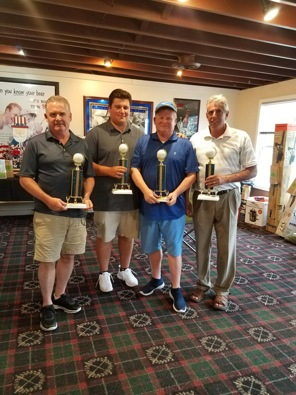 Events link. Image of first place winning team and their trophies at our Annual Golf Classic.